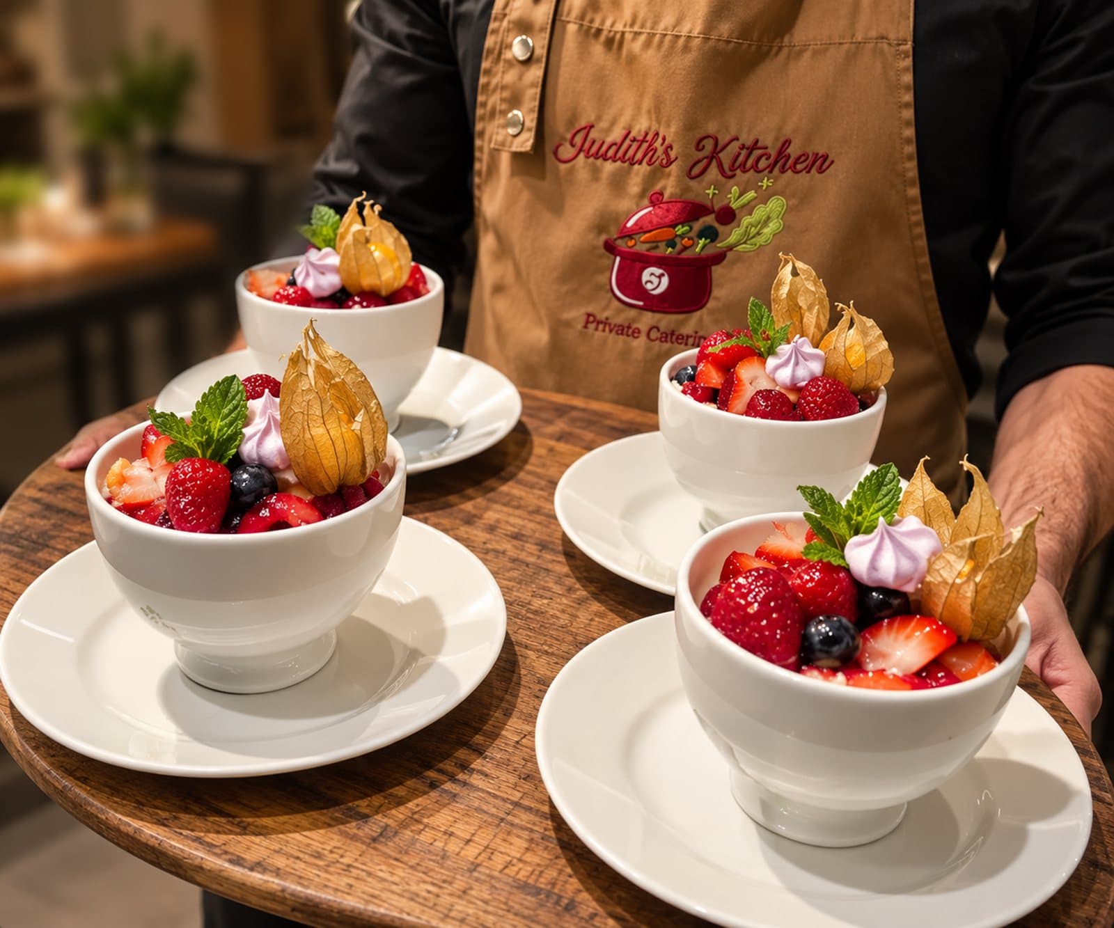 Bowls of fresh berries with meringue and physalis carried on a tray in front of a Judith's Kitchen apron